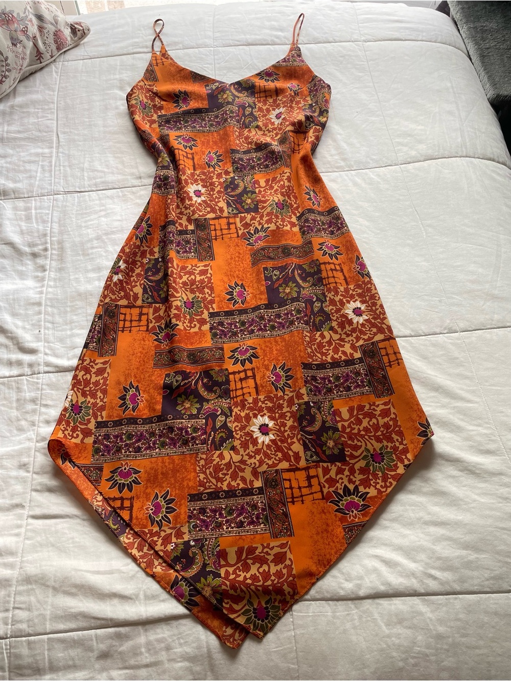Vintage 90s Rust Orange Floral Patchwork Slip Dress Large Whimsigoth Witchy Fall
